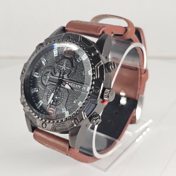 Raglan Men's Quartz Watch Black Dial Brown Band 43.9mm Case Chrono Look NEW - Picture 2 of 13